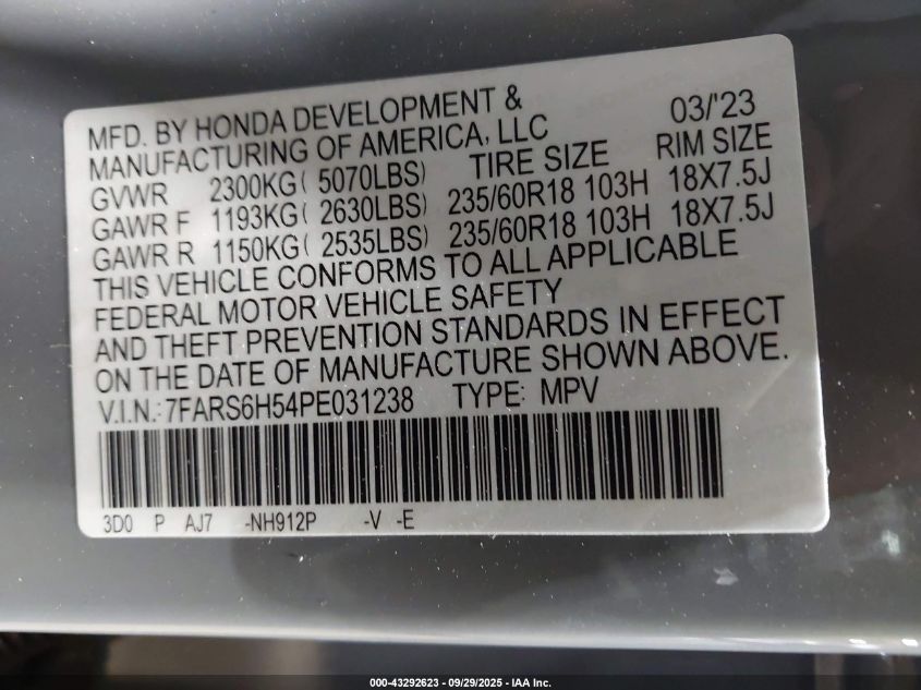 2023 Honda Cr-V Hybrid Sport VIN: 7FARS6H54PE031238 Lot: 43292623