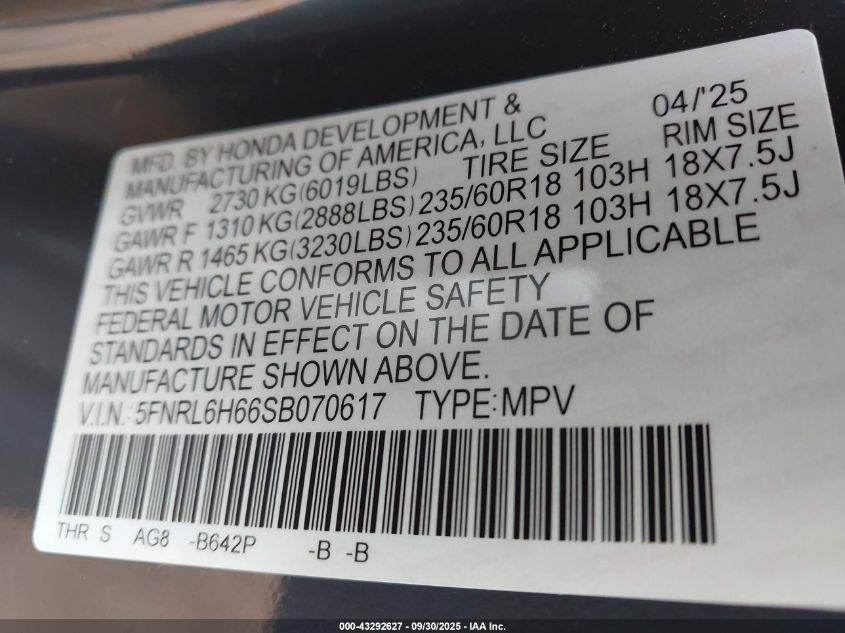 2025 Honda Odyssey Ex-L VIN: 5FNRL6H66SB070617 Lot: 43292627