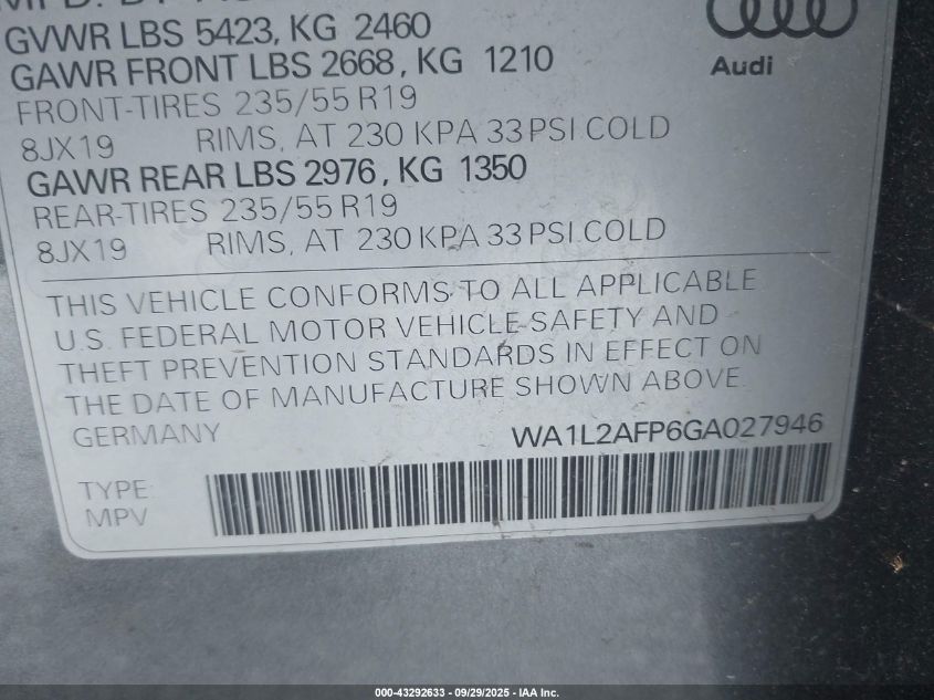 2016 Audi Q5 2.0T Premium VIN: WA1L2AFP6GA027946 Lot: 43292633