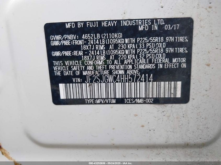 2017 Subaru Forester 2.0Xt Touring VIN: JF2SJGWC4HH572414 Lot: 43292656