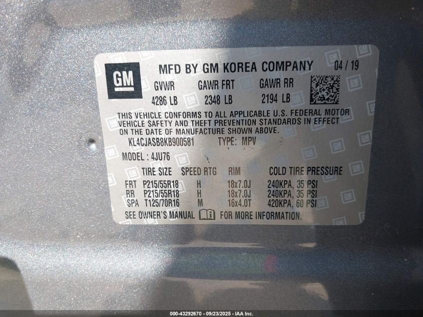 2019 Buick Encore Fwd Preferred VIN: KL4CJASB8KB900581 Lot: 43292670