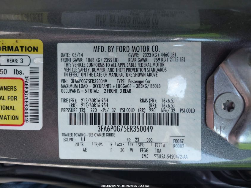 2014 Ford Fusion S VIN: 3FA6P0G75ER350049 Lot: 43292672