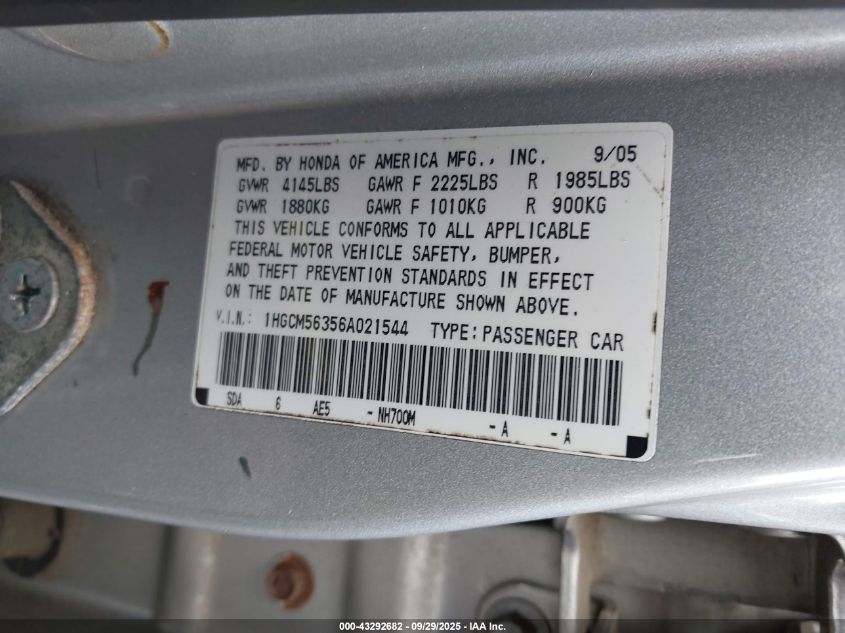 2006 Honda Accord 2.4 Se VIN: 1HGCM56356A021544 Lot: 43292682