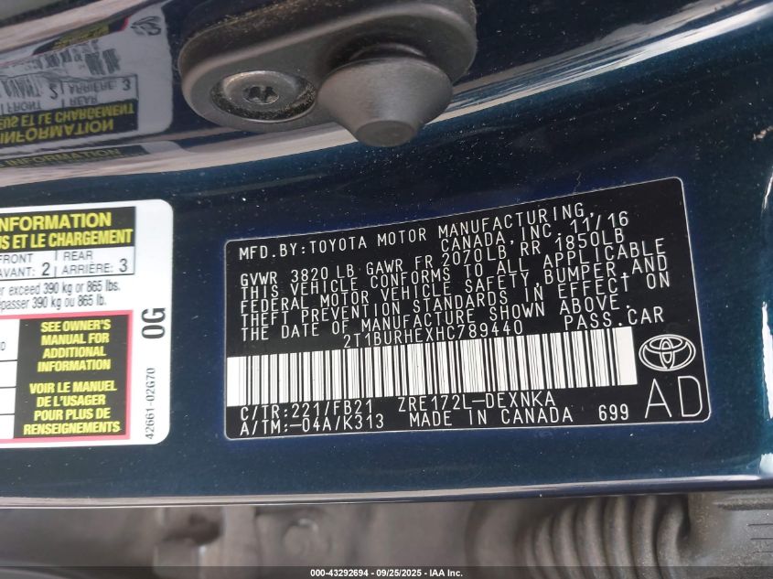 2017 Toyota Corolla Le VIN: 2T1BURHEXHC789440 Lot: 43292694