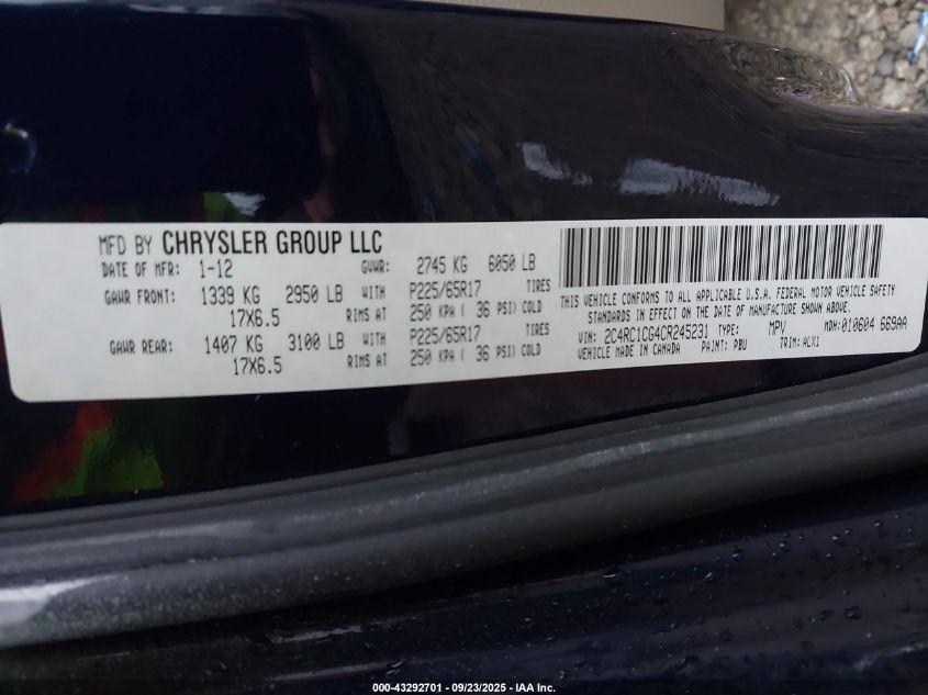 2012 Chrysler Town & Country Touring-L VIN: 2C4RC1CG4CR245231 Lot: 43292701