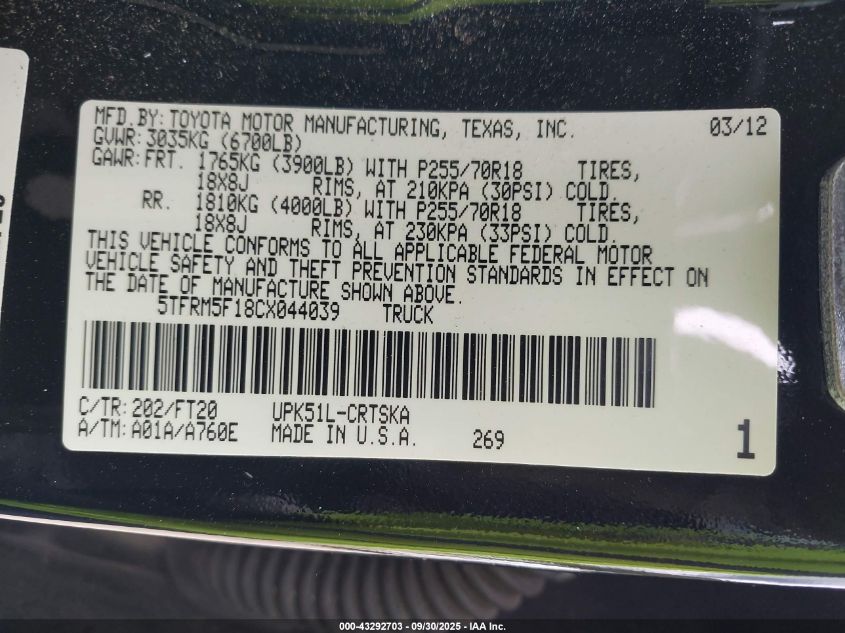 2012 Toyota Tundra Grade 4.6L V8 VIN: 5TFRM5F18CX044039 Lot: 43292703