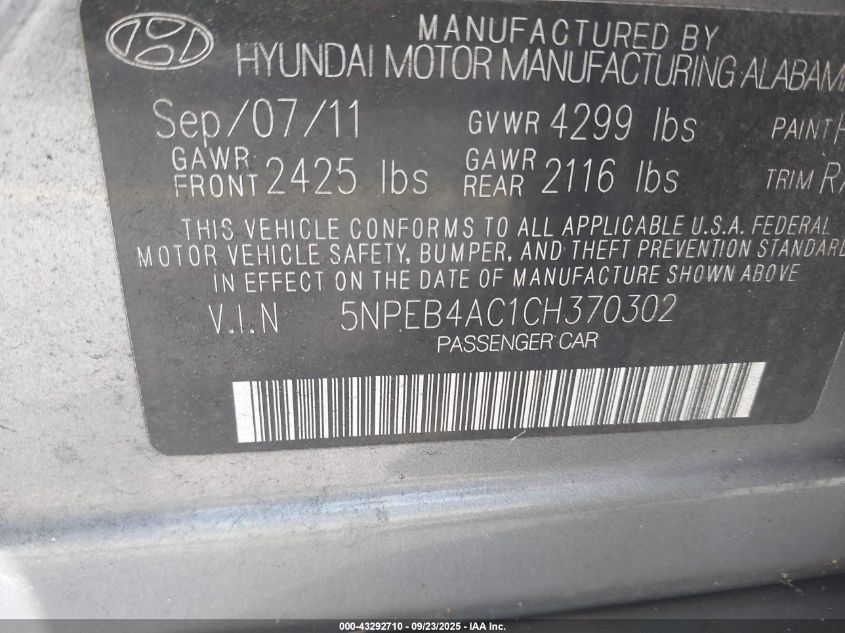 2012 Hyundai Sonata Gls VIN: 5NPEB4AC1CH370302 Lot: 43292710