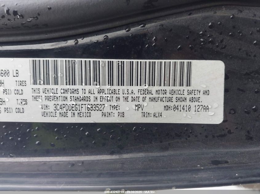 2015 Dodge Journey R/T VIN: 3C4PDDEG1FT693527 Lot: 43292719