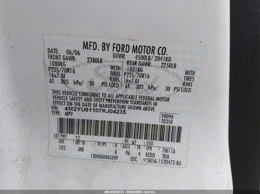 2007 Mercury Mariner Luxury VIN: 4M2YU81107KJ04235 Lot: 43292721