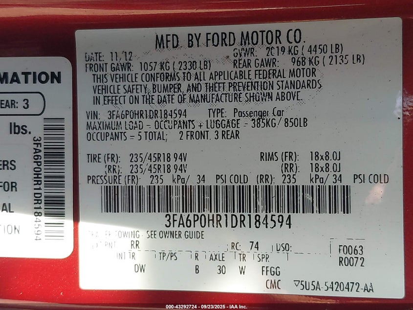 2013 Ford Fusion Se VIN: 3FA6P0HR1DR184594 Lot: 43292724