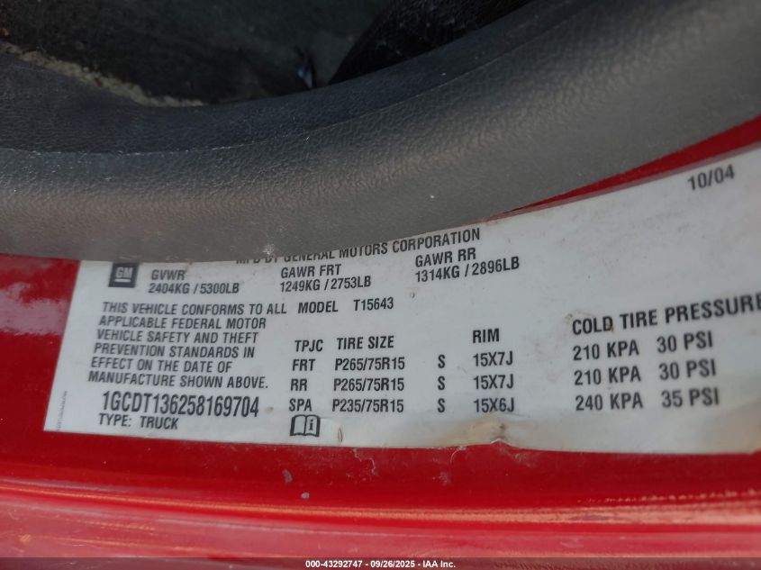 2005 Chevrolet Colorado Ls VIN: 1GCDT136258169704 Lot: 43292747