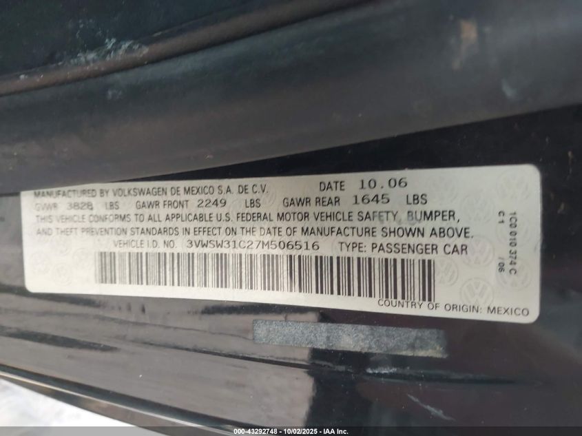 2007 Volkswagen New Beetle 2.5 VIN: 3VWSW31C27M506516 Lot: 43292748