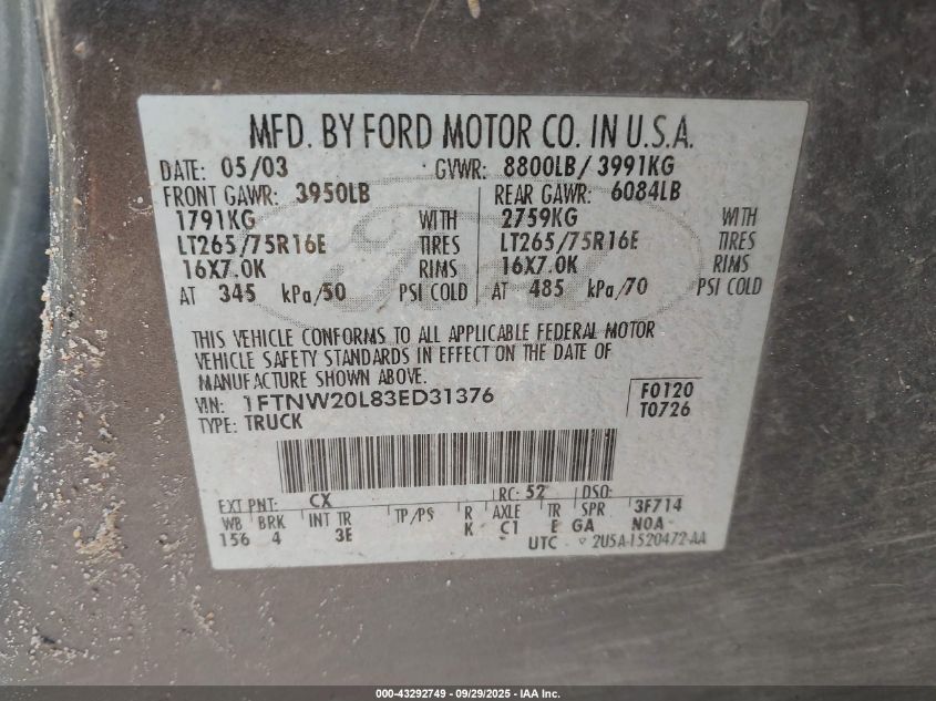 2003 Ford F-250 Lariat/Xl/Xlt VIN: 1FTNW20L83ED31376 Lot: 43292749