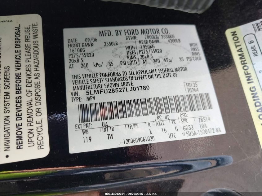 2007 Lincoln Navigator Ultimate VIN: 5LMFU28527LJ01780 Lot: 43292751