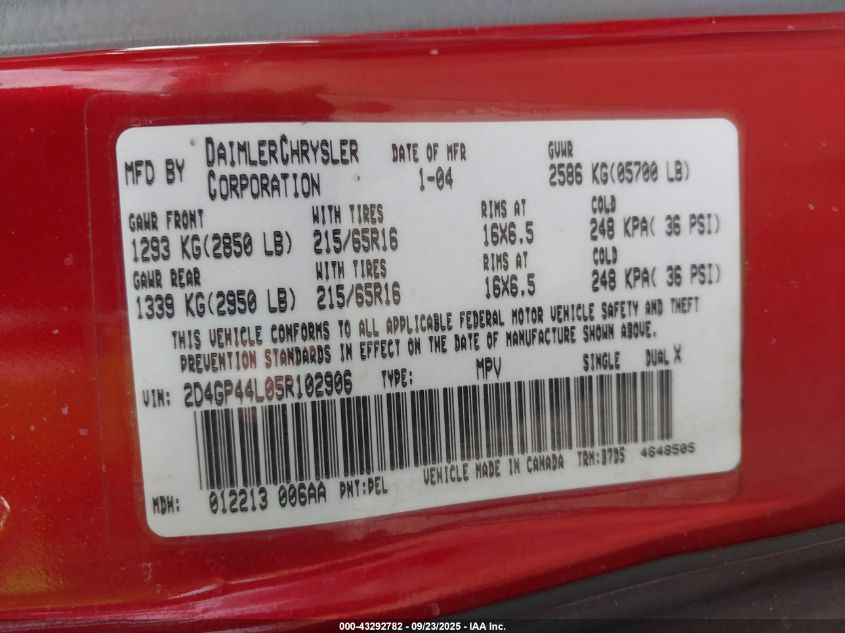 2005 Dodge Grand Caravan Sxt VIN: 2D4GP44L05R102906 Lot: 43292782