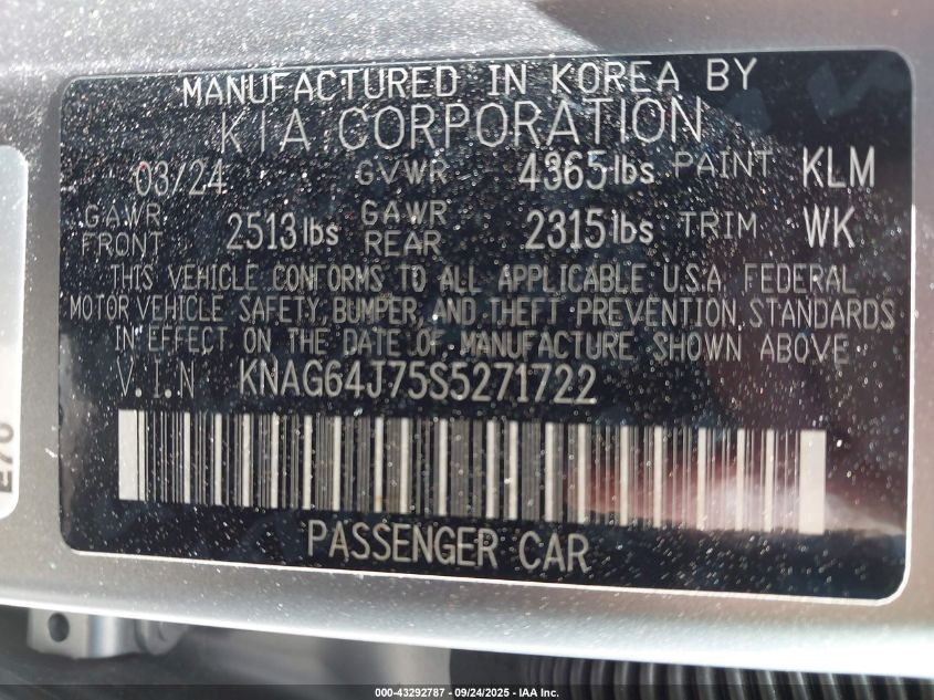 2025 Kia K5 Gt-Line VIN: KNAG64J75S5271722 Lot: 43292787