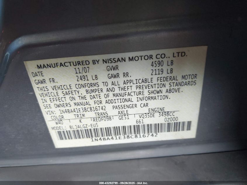 2008 Nissan Maxima 3.5 Sl VIN: 1N4BA41E38C816742 Lot: 43292799