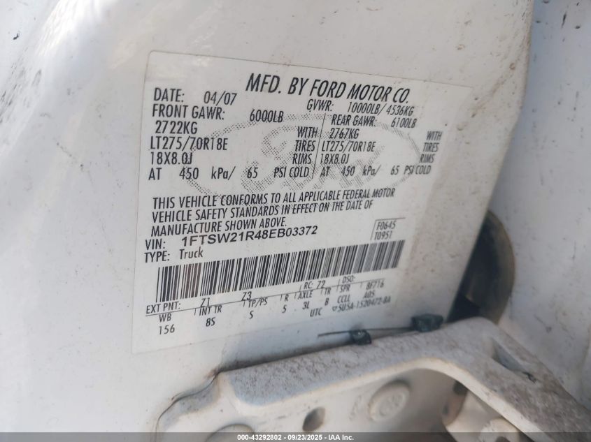 2008 Ford F-250 Fx4/Harley-Davidson/King Ranch/Lariat/Xl/Xlt VIN: 1FTSW21R48EB03372 Lot: 43292802