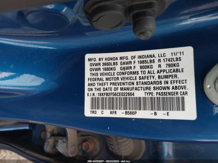 2012 Honda Civic Lx VIN: 19XFB2F56CE022664 Lot: 43292807