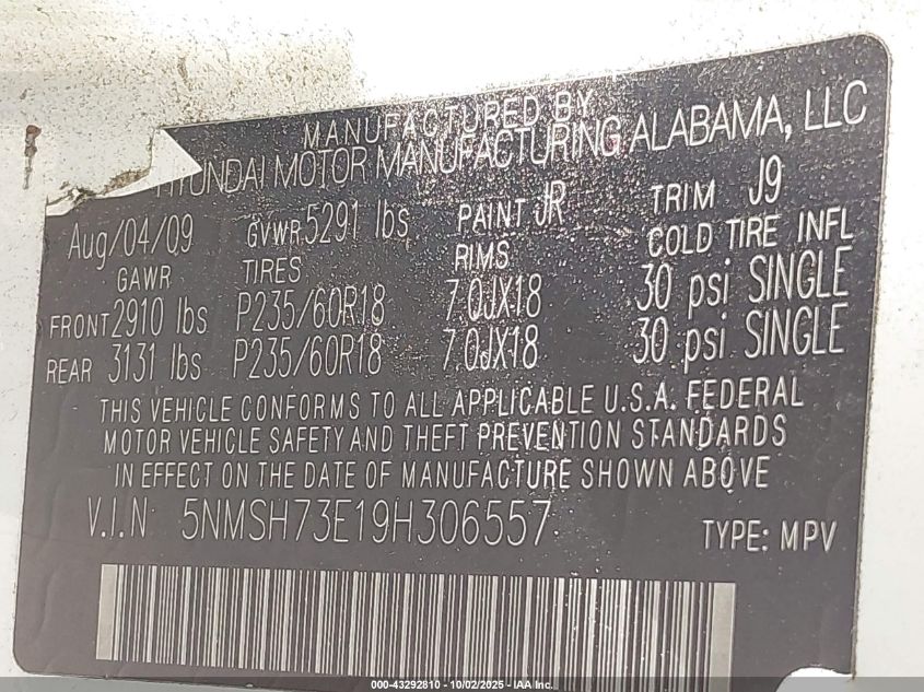 2009 Hyundai Santa Fe Limited VIN: 5NMSH73E19H306557 Lot: 43292810