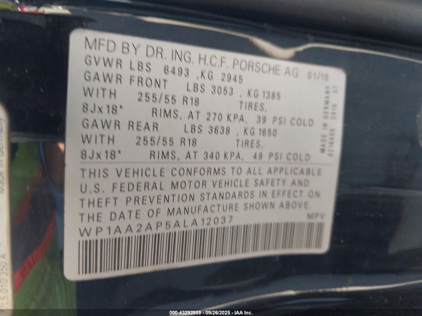 2010 Porsche Cayenne VIN: WP1AA2AP5ALA12037 Lot: 43292809