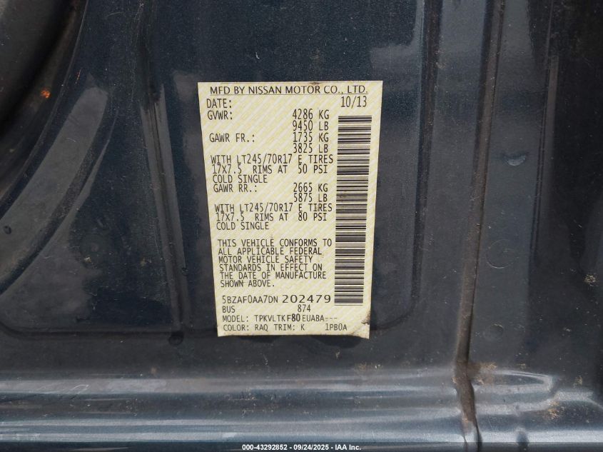 2013 Nissan Nv Passenger Nv3500 Hd Sv V8 VIN: 5BZAF0AA7DN202479 Lot: 43292852