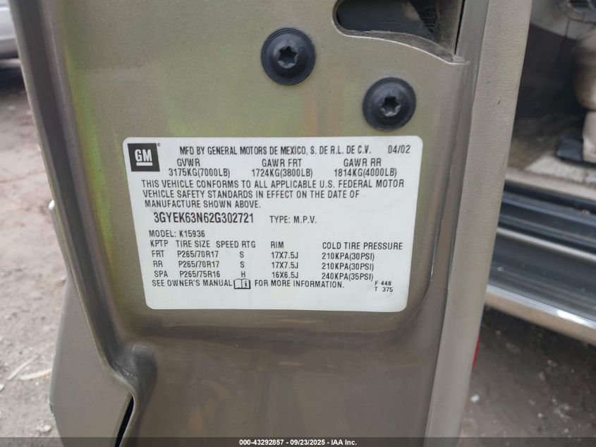 2002 Cadillac Escalade Ext Standard VIN: 3GYEK63N62G302721 Lot: 43292857