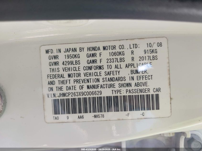 2009 Honda Accord 2.4 Lx VIN: JHMCP263X9C006629 Lot: 43292859
