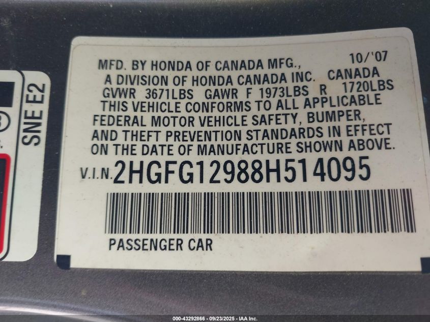 2008 Honda Civic Ex-L VIN: 2HGFG12988H514095 Lot: 43292866