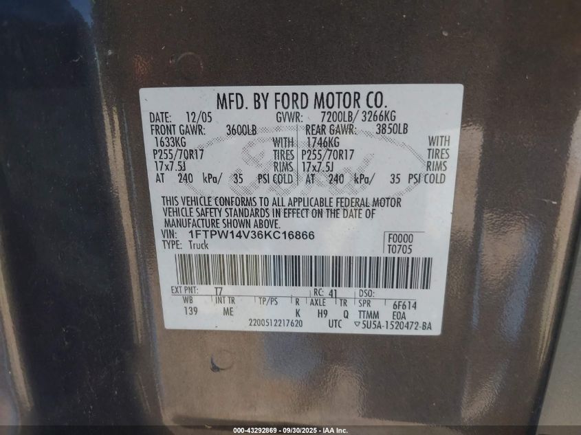 2006 Ford F-150 Fx4/Lariat/Xlt VIN: 1FTPW14V36KC16866 Lot: 43292869
