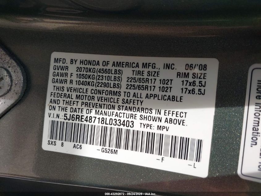 2008 Honda Cr-V Ex-L VIN: 5J6RE48718L033403 Lot: 43292872