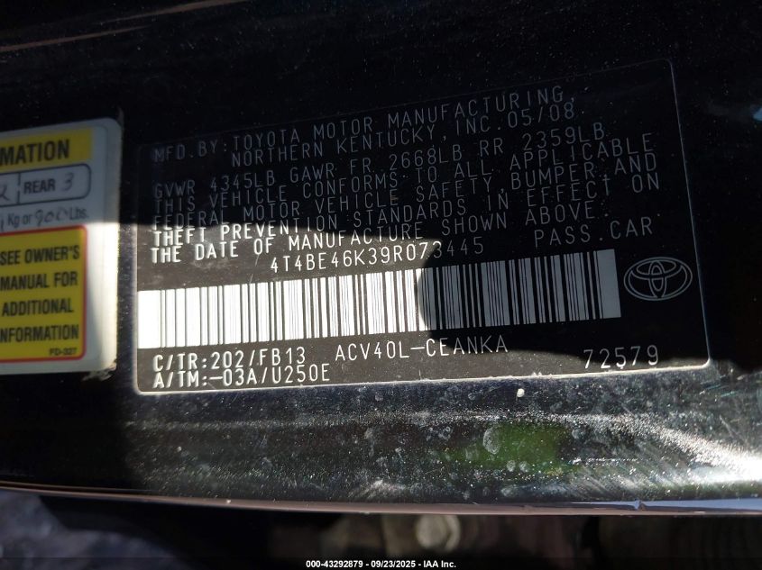 2009 Toyota Camry Le VIN: 4T4BE46K39R073445 Lot: 43292879
