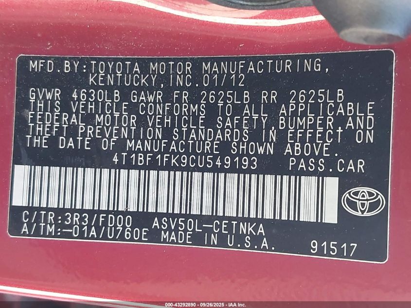 2012 Toyota Camry Le VIN: 4T1BF1FK9CU549193 Lot: 43292890