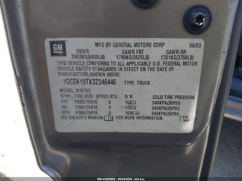 2003 Chevrolet Silverado 1500 Ls VIN: 1GCEK19TX3Z346446 Lot: 43292892