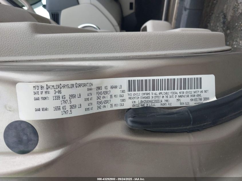 2006 Jeep Commander Limited VIN: 1J8HG58206C293514 Lot: 43292900