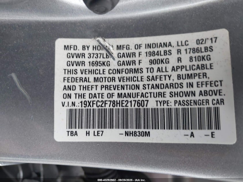 2017 HONDA CIVIC EX - 19XFC2F78HE217607