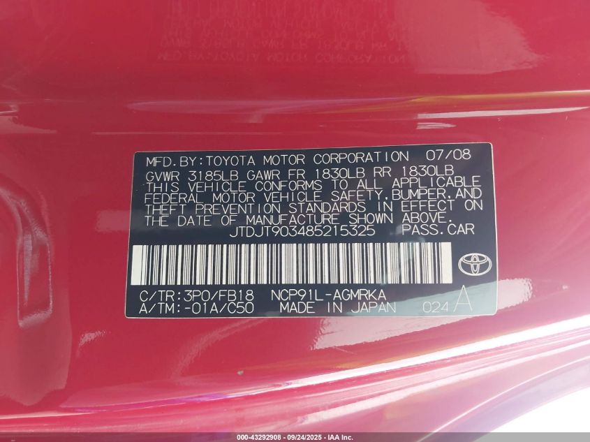 2008 Toyota Yaris VIN: JTDJT903485215325 Lot: 43292908
