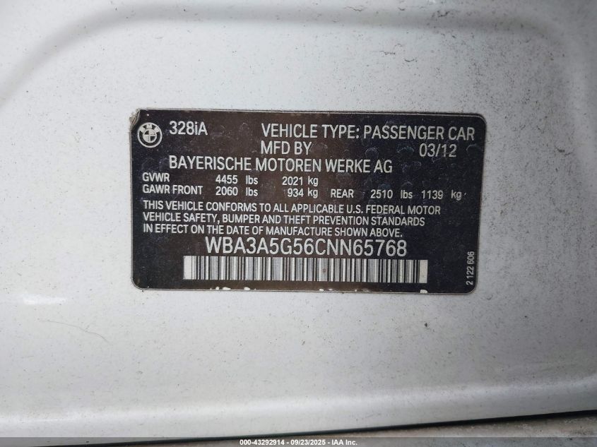 2012 BMW 328I VIN: WBA3A5G56CNN65768 Lot: 43292914