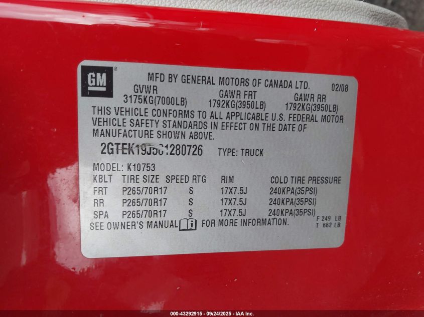 2008 GMC Sierra 1500 Sle1 VIN: 2GTEK19J581280726 Lot: 43292915