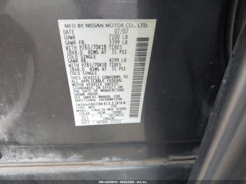 2008 Nissan Armada Se VIN: 5N1BA08D28N611994 Lot: 43292916