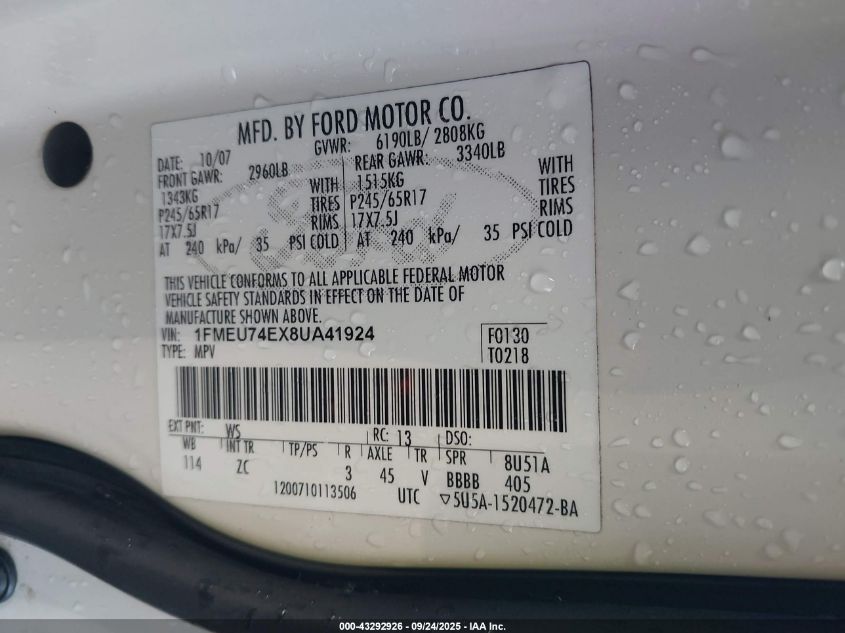 2008 Ford Explorer Eddie Bauer VIN: 1FMEU74EX8UA41924 Lot: 43292926