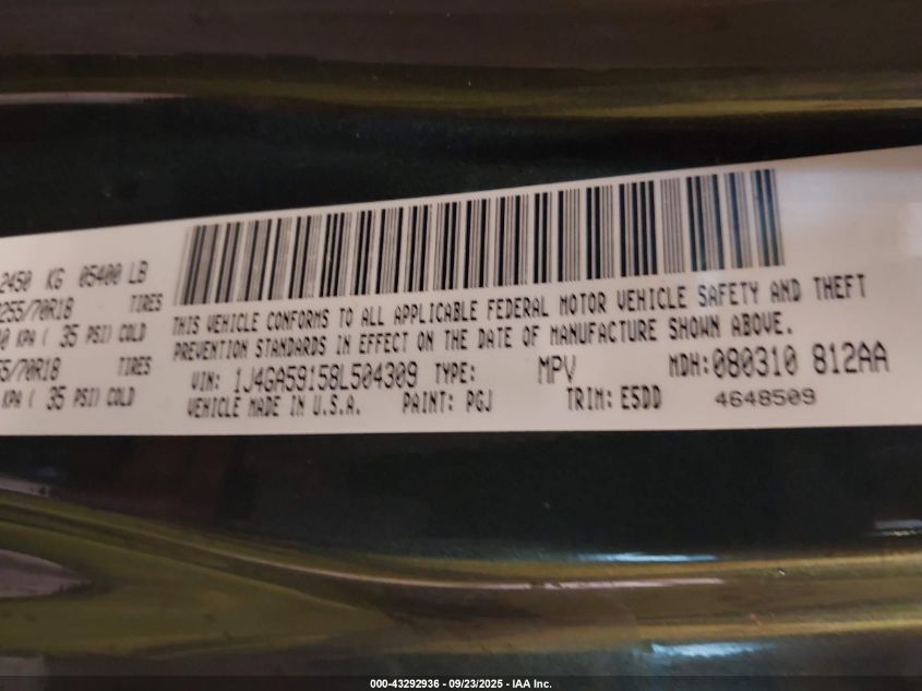 2008 Jeep Wrangler Unlimited Sahara VIN: 1J4GA59158L504309 Lot: 43292936