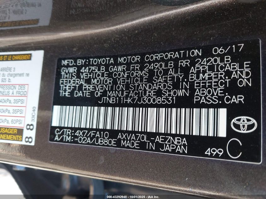 2018 Toyota Camry Le VIN: JTNB11HK7J3008531 Lot: 43292948