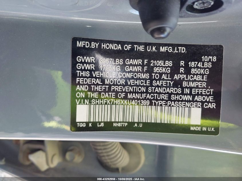 2019 Honda Civic Ex VIN: SHHFK7H6XKU401399 Lot: 43292956