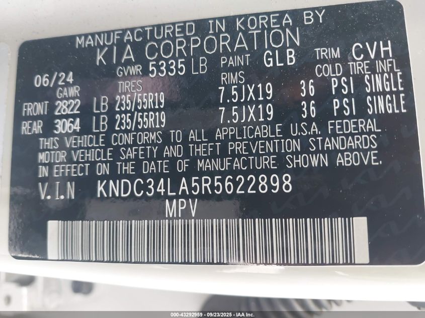 2024 Kia Ev6 Wind VIN: KNDC34LA5R5622898 Lot: 43292959