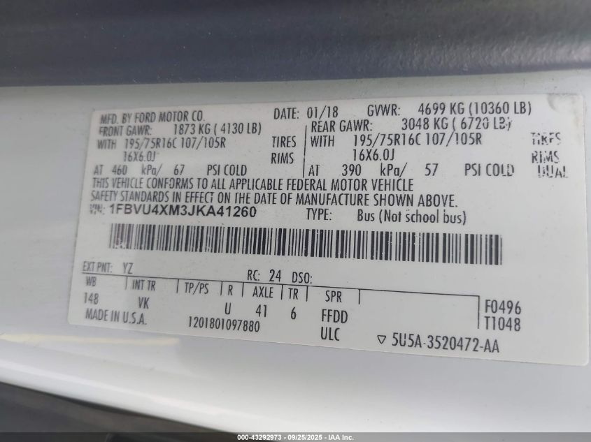 2018 Ford Transit-350 Xl VIN: 1FBVU4XM3JKA41260 Lot: 43292973