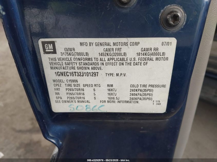 2002 Chevrolet Suburban 1500 Ls VIN: 1GNEC16T32J101297 Lot: 43292976