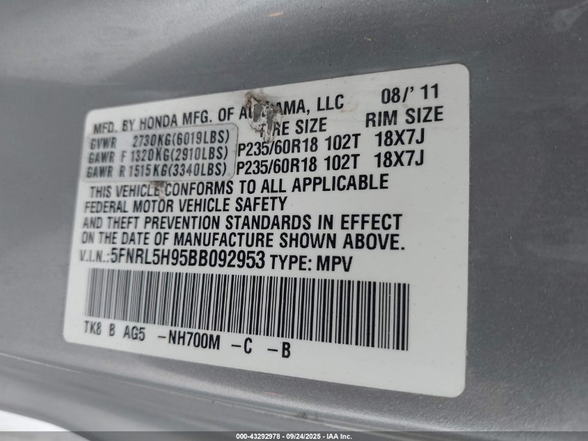 2011 Honda Odyssey Touring/Touring Elite VIN: 5FNRL5H95BB092953 Lot: 43292978