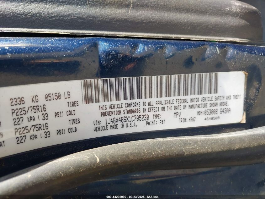 2001 Jeep Grand Cherokee Laredo VIN: 1J4GX48SX1C705230 Lot: 43292992