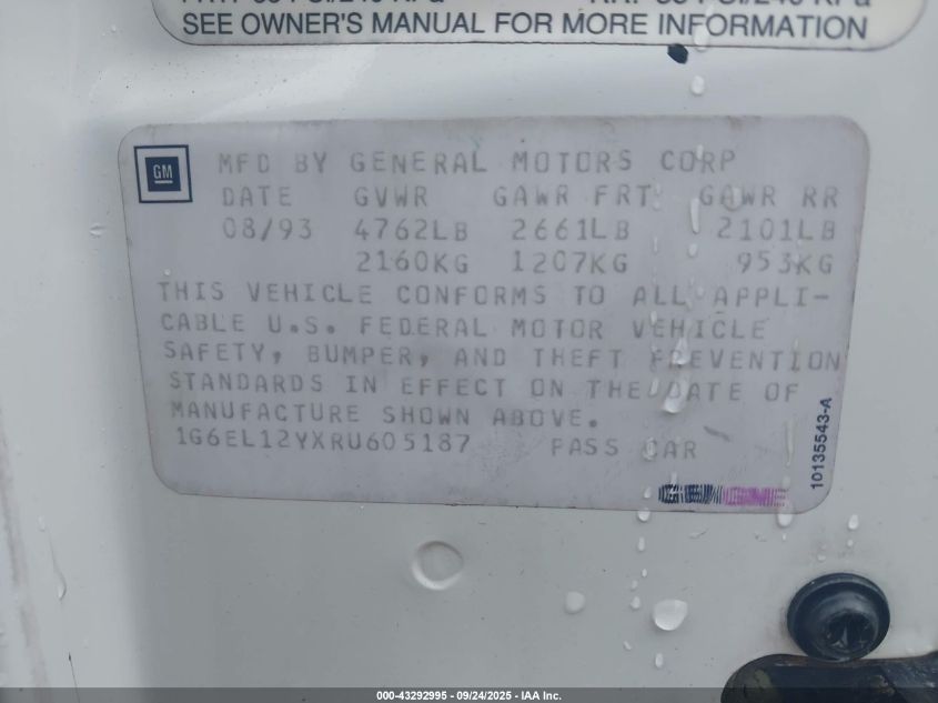 1994 Cadillac Eldorado VIN: 1G6EL12YXRU605187 Lot: 43292995